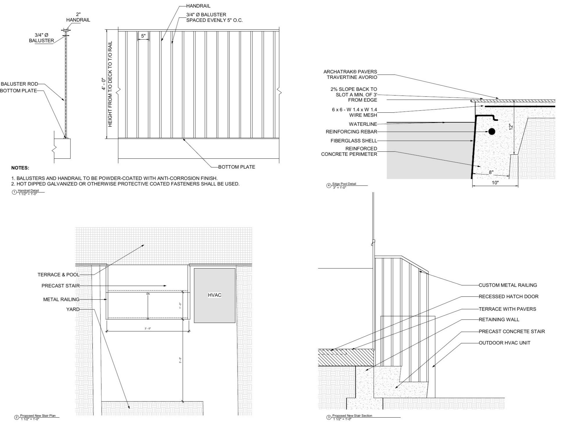 Proposed details: metal handrail, stair plan and section, po